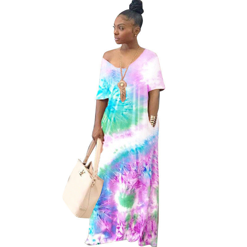 Women Casual Tie Dye Short Sleeves Loose Color Blocking Dress