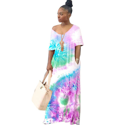 Women Casual Tie Dye Short Sleeves Loose Color Blocking Dress