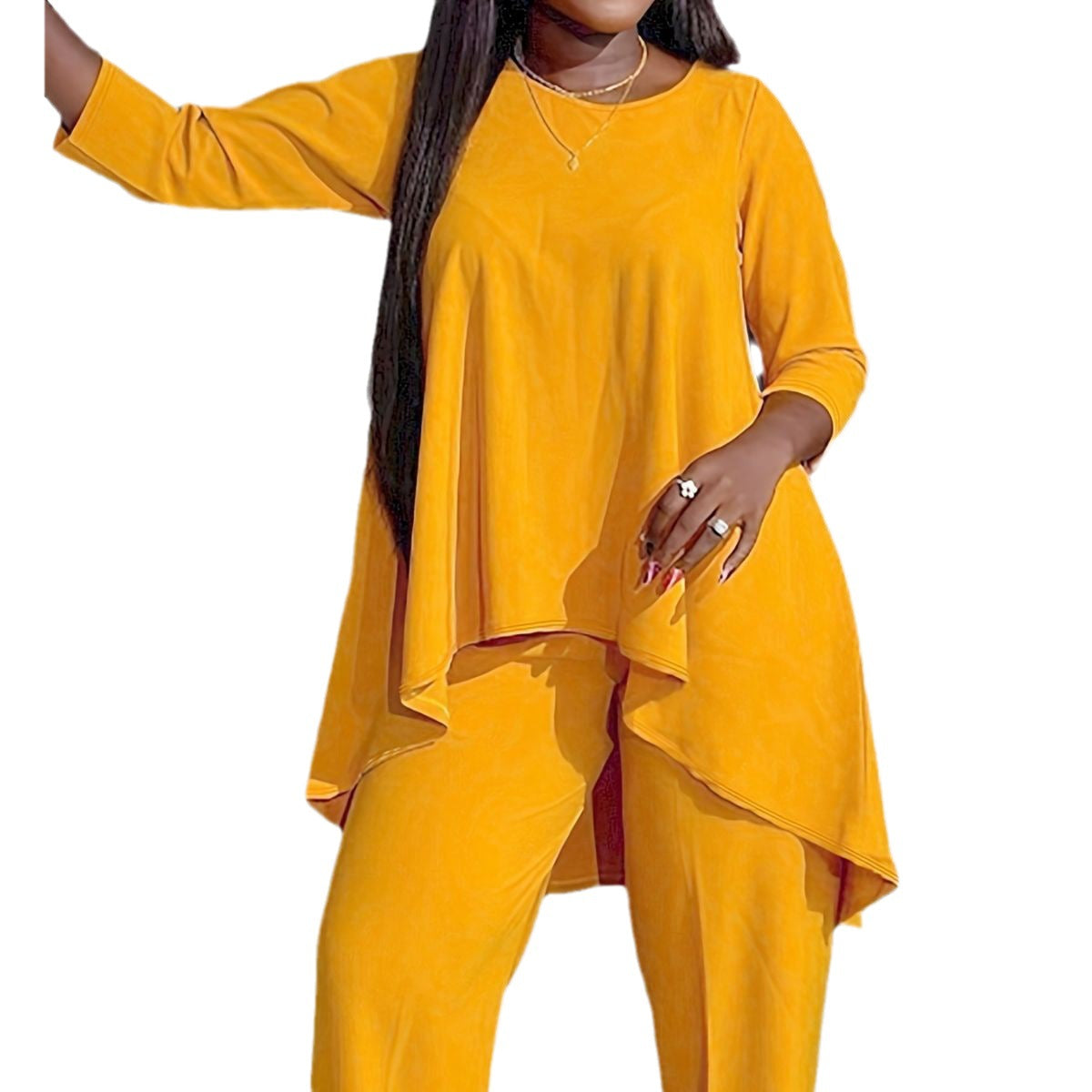 Conjunto de dos piezas de top y pantalón de manga larga con estampado casual de talla grande para mujer