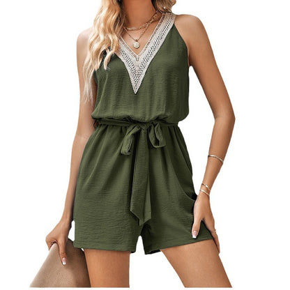 Summer Women Fashion Casual Lace V-Neck Solid Color Sleeveless Rompers