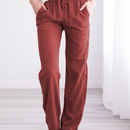 Women Casual Solid Color Cotton Linen Loose Drawstring Pants