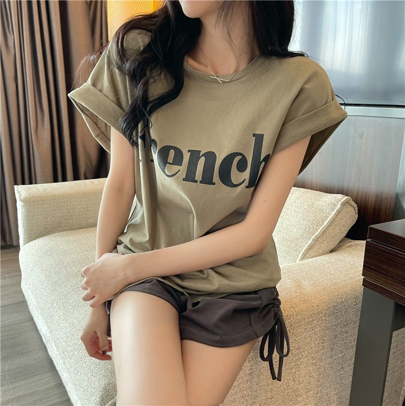 Camiseta informal de manga corta con cuello redondo y estampado del alfabeto para mujer