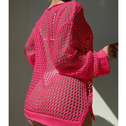 Traje de baño de punto holgado con cuello redondo y aberturas grandes para playa y vacaciones para mujer