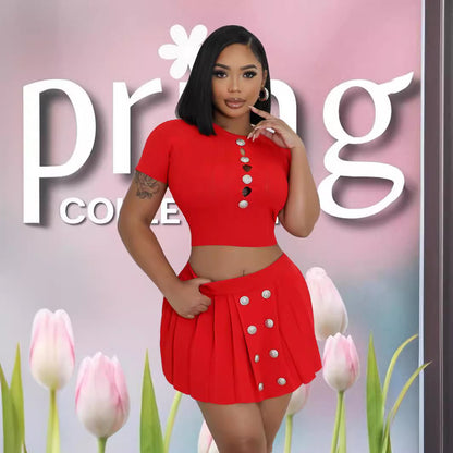 Conjunto de dos piezas de punto de manga corta con botones huecos, informal y sexy para mujer