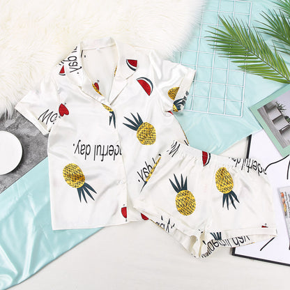 Conjunto de pijama holgado informal de seda con manga corta y pantalones cortos para mujer