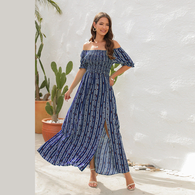 Women Summer Fashion Simple Stripe Printed Slit Waist One-Shoulder Short-Sleeved Casual Dress