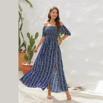 Women Summer Fashion Simple Stripe Printed Slit Waist One-Shoulder Short-Sleeved Casual Dress