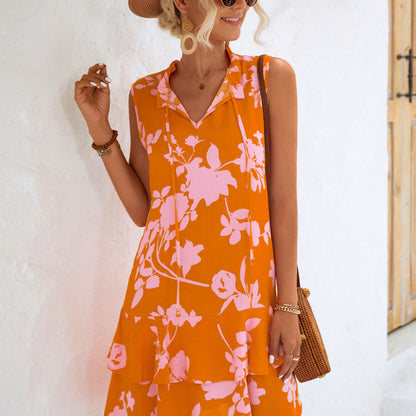 Vestido holgado sin mangas con volantes estilo bohemio informal para vacaciones de verano para mujer