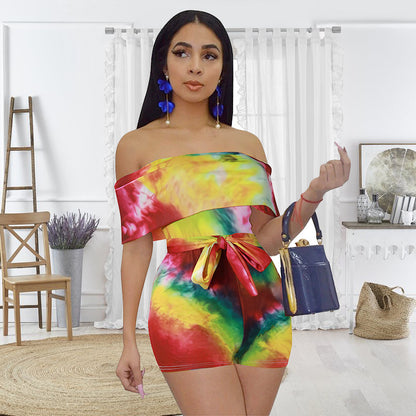 Mono informal de verano con estampado tie-dye y hombros descubiertos para mujer
