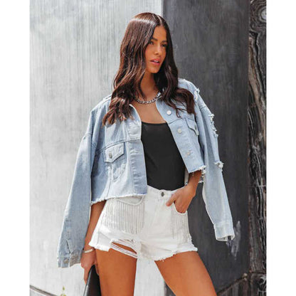 Women Fashion Casual Chain Tassel Hole Denim Shorts