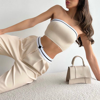 Conjunto informal de pantalones anchos y cintura alta con contraste de color y parte superior de tubo urbana vanguardista para mujer