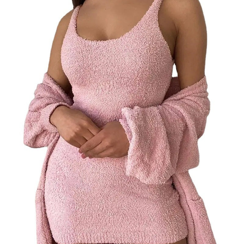 Women Solid Color Plush Slip Dress And Long Sleeve Coat Casual Knitted Two Piece Set