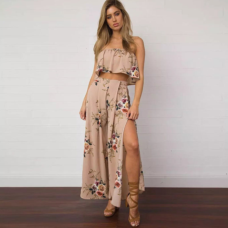 Women Printed High Waist Loose Casual Slit Wide Leg Pants