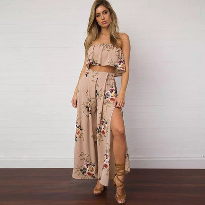 Women Printed High Waist Loose Casual Slit Wide Leg Pants