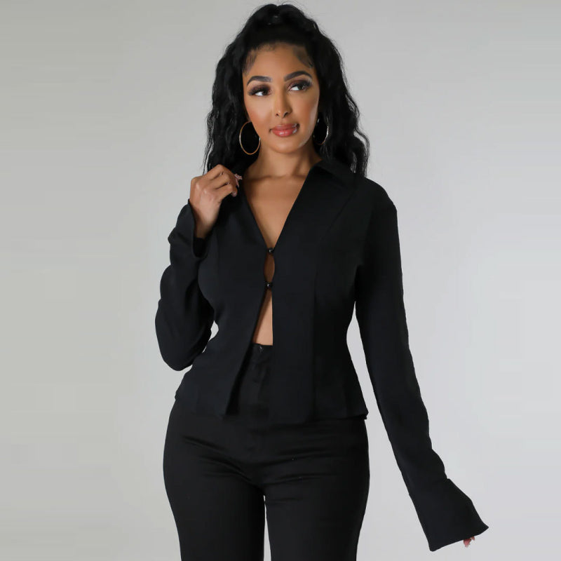 Camisa informal de manga larga con tirantes y escote en V profundo para mujer