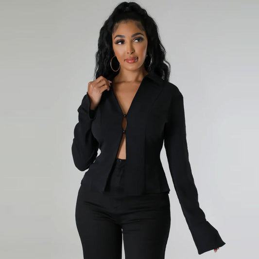 Camisa informal de manga larga con tirantes y escote en V profundo para mujer