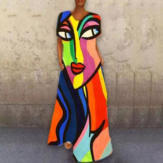 Vestido informal de verano vintage de manga corta holgado con estampado de personajes y cuello en V para mujer