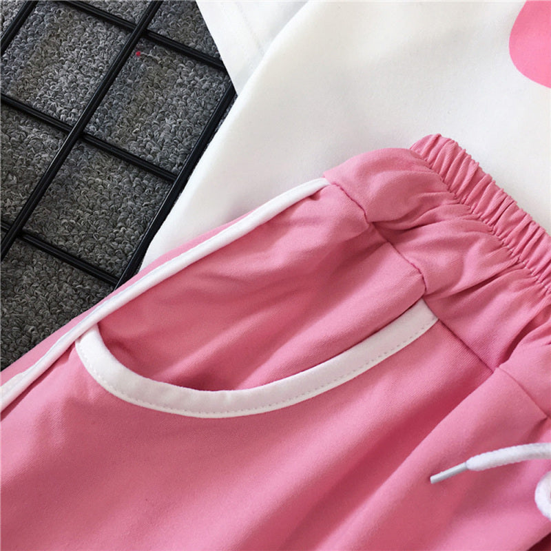 Women Casual Fashion Letter Print Short Sleeves T-shirt And Drawstring Shorts Two Piece Set