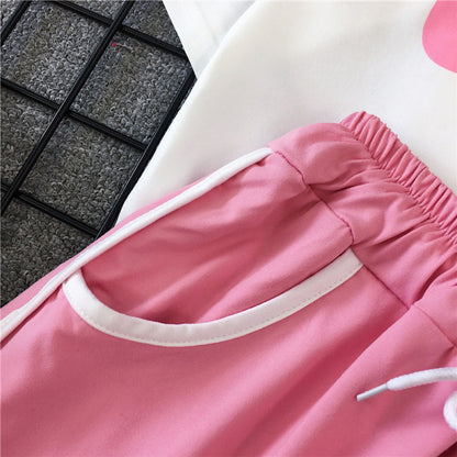 Women Casual Fashion Letter Print Short Sleeves T-shirt And Drawstring Shorts Two Piece Set