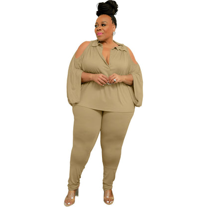 Conjunto informal de dos piezas con cuello en V y manga larga para mujer, talla grande, a la moda, de color liso