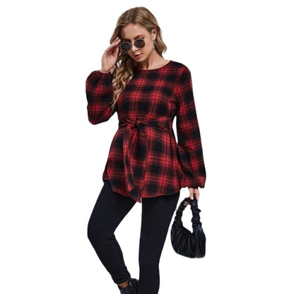 Pregnant Women Casual Plaid Lantern Sleeve Maternity Clothes Top