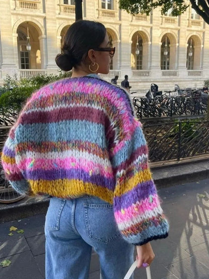 Women Fashion Casual Rainbow Stripe Long Sleeve Loose Knitwear