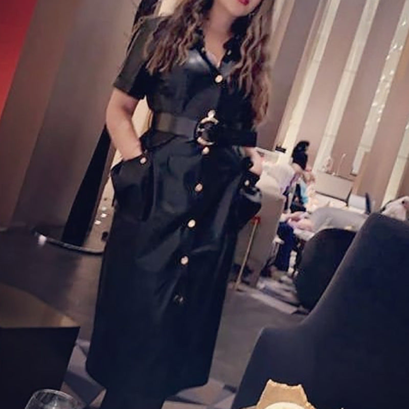 Women Fashion Casual PU Solid Color Leather Lapel Belt Short Sleeve Dress