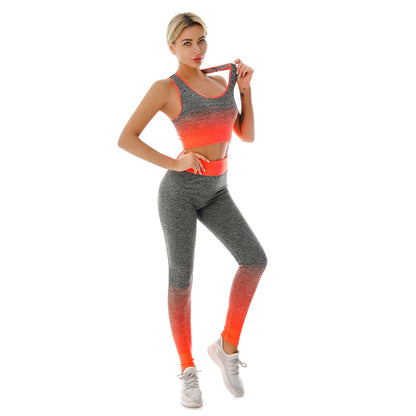 Women Fashion Casual Stretch Gradient Sports Bra High Waist Yoga Pants Two-Piece Set