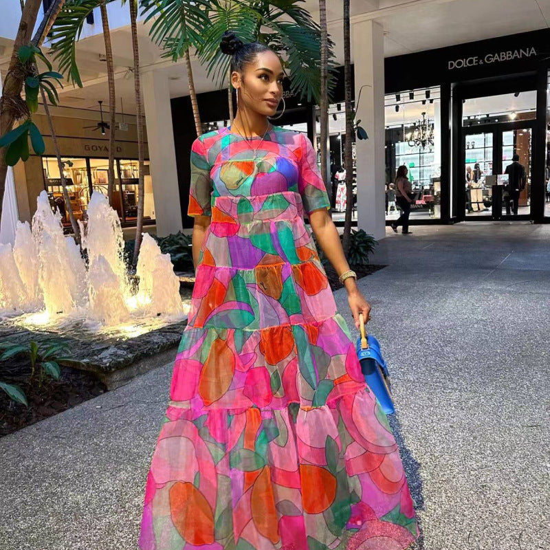 Vestido largo informal holgado de manga corta con estampado floral y hojas de malla estilo bohemio para mujer para vacaciones de verano