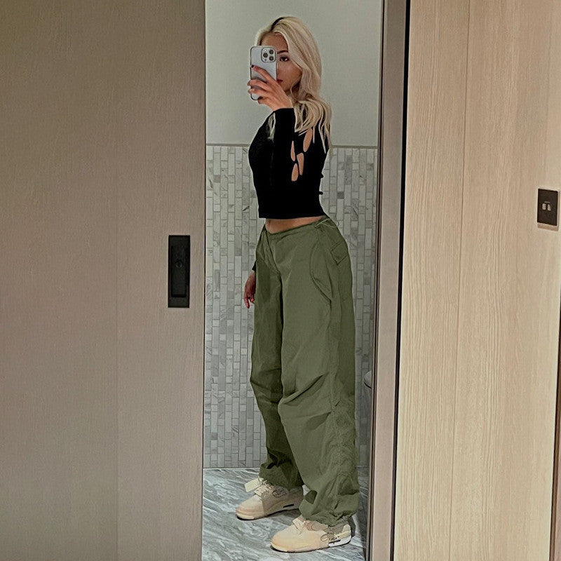 Women Casual Trousers Solid Loose Drawstring Low Waist Streetwear Joggers Baggy Wide Leg Sweatpants Pants