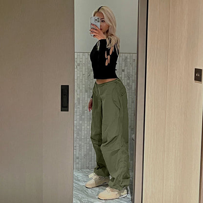 Women Casual Trousers Solid Loose Drawstring Low Waist Streetwear Joggers Baggy Wide Leg Sweatpants Pants