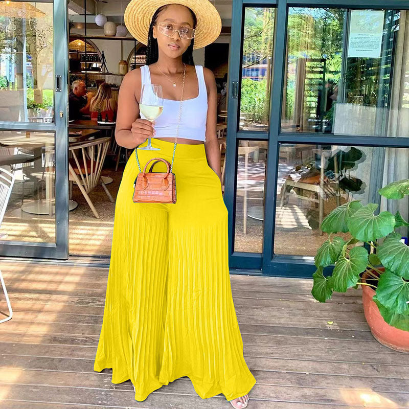 Women Fashion Casual Solid Color Pleated Wide Leg Pants