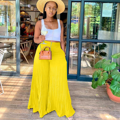 Women Fashion Casual Solid Color Pleated Wide Leg Pants