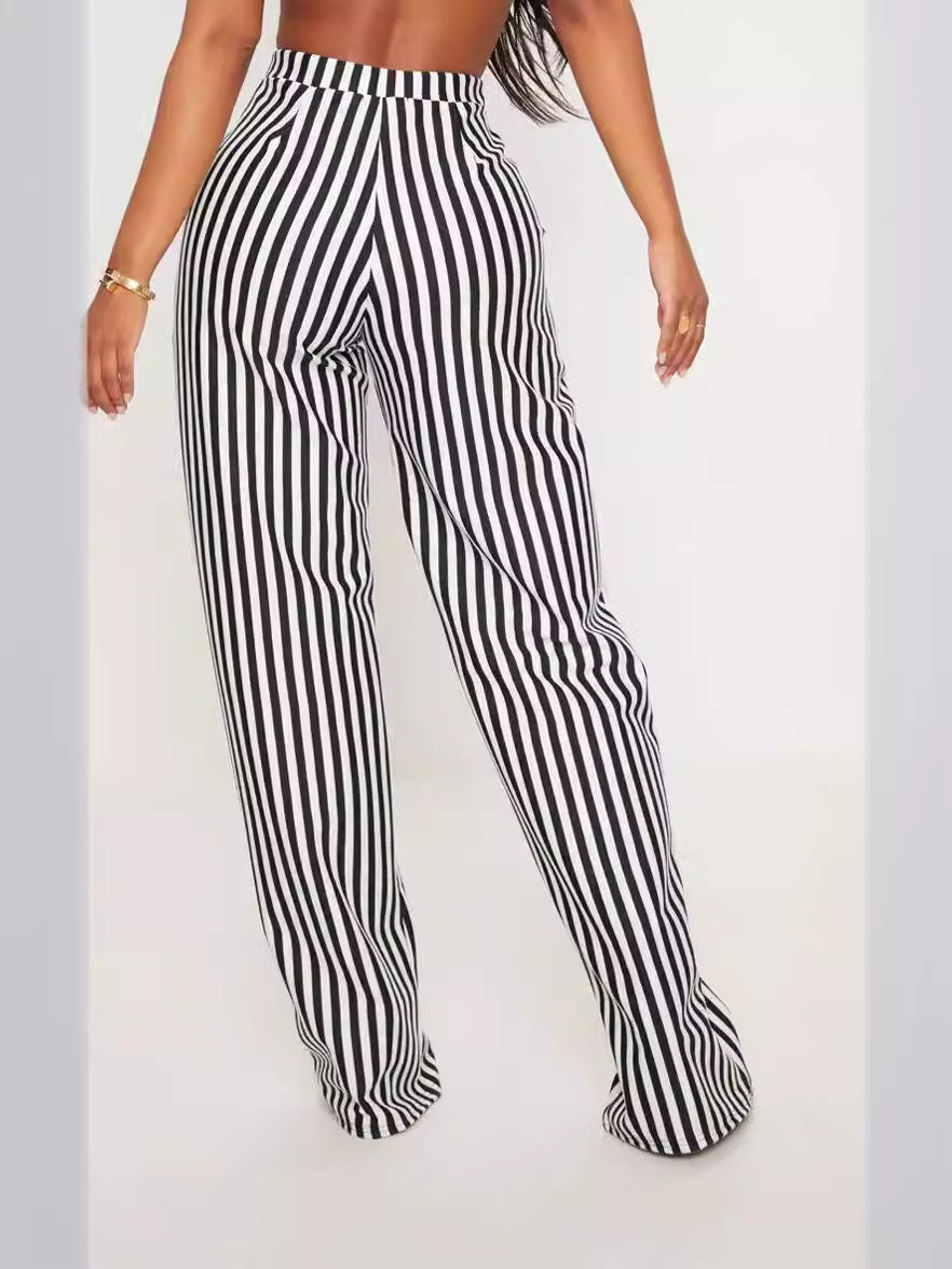 Women Casual Stripe Printed High Waist Straight Leg Pants