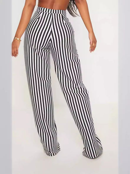 Women Casual Stripe Printed High Waist Straight Leg Pants