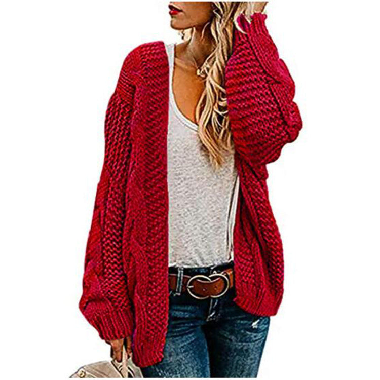 Suéter cárdigan de punto suelto de color sólido de longitud media informal para mujer de moda de invierno y otoño