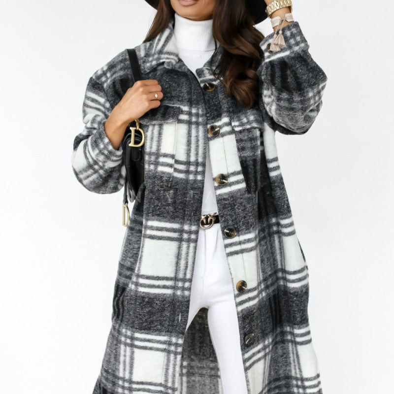 Abrigo de invierno para mujer, de manga larga, con solapa abotonada, informal, cálido, a cuadros