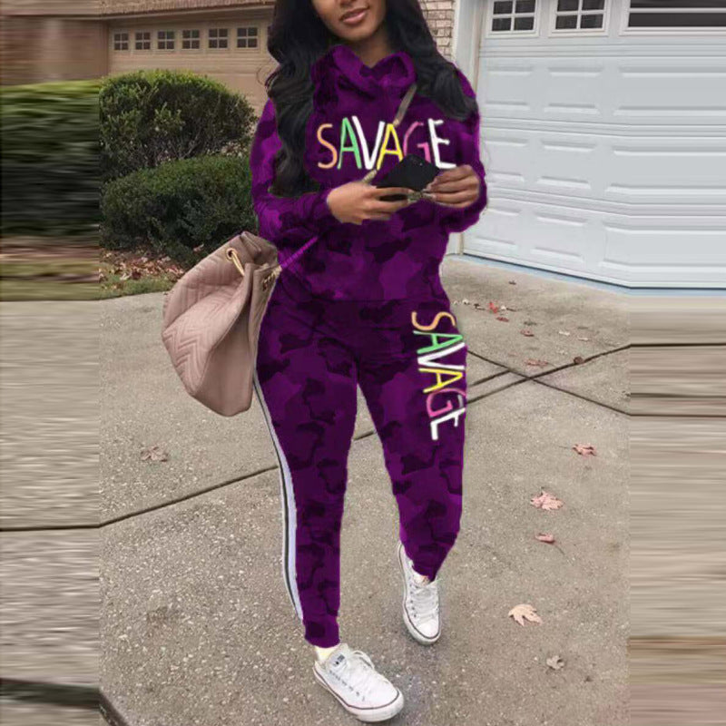Conjunto de dos piezas de top y pantalón de manga larga con estampado de letras para mujer, informal, de talla grande