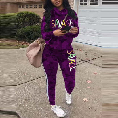 Conjunto de dos piezas de top y pantalón de manga larga con estampado de letras para mujer, informal, de talla grande