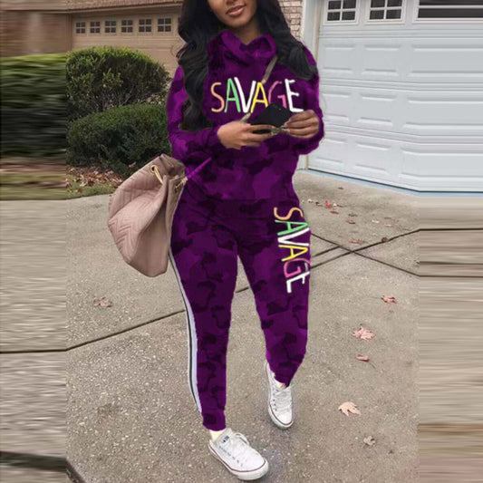 Conjunto de dos piezas de top y pantalón de manga larga con estampado de letras para mujer, informal, de talla grande