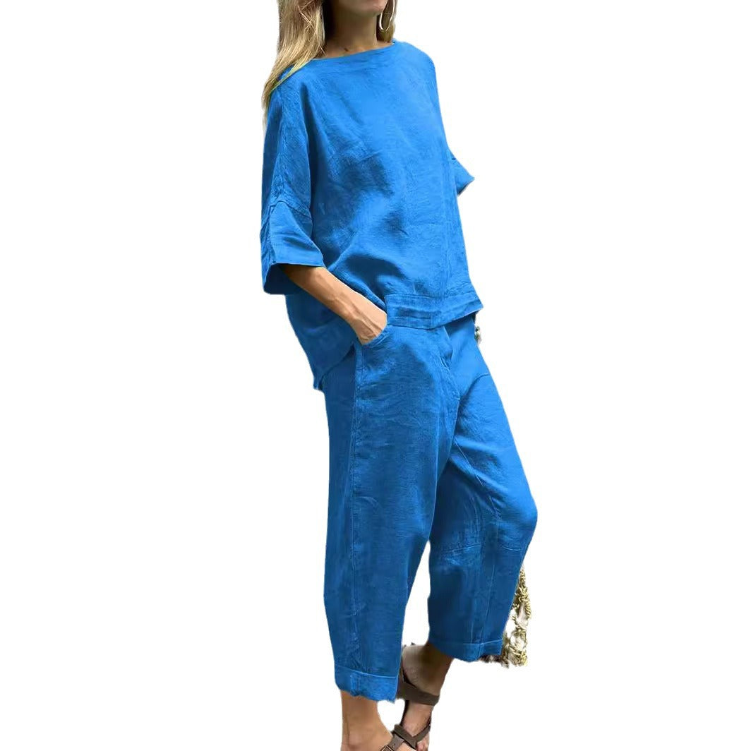 Conjunto de dos piezas de camisa y pantalón holgados de color liso para mujer