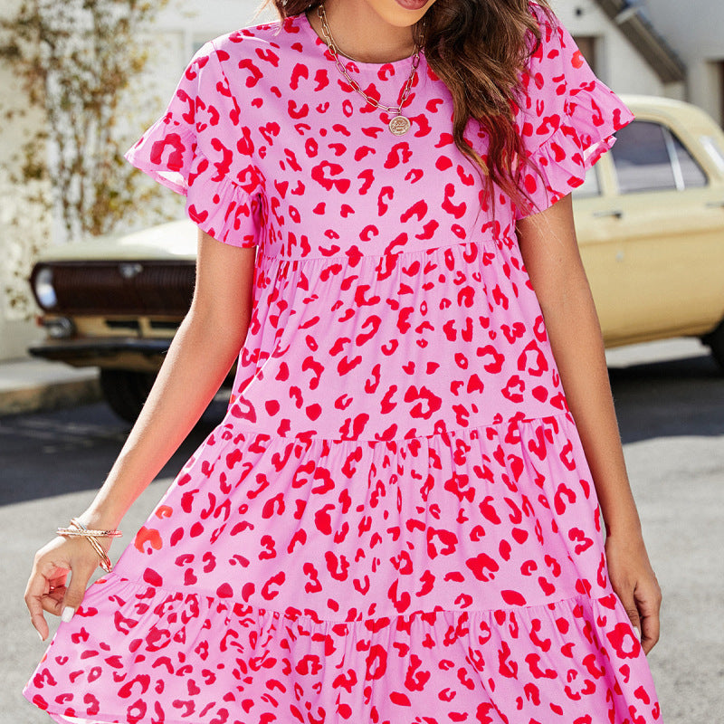 Vestido holgado informal de manga corta con volantes y cuello redondo con estampado de leopardo para vacaciones de verano para mujer
