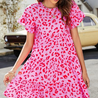 Vestido holgado informal de manga corta con volantes y cuello redondo con estampado de leopardo para vacaciones de verano para mujer