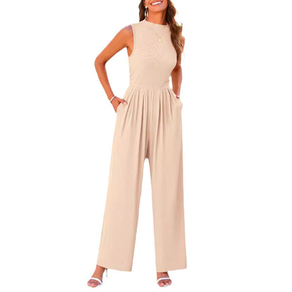 Women Fashion Casual Solid Color Sleeveless Wide Leg Jumpsuit