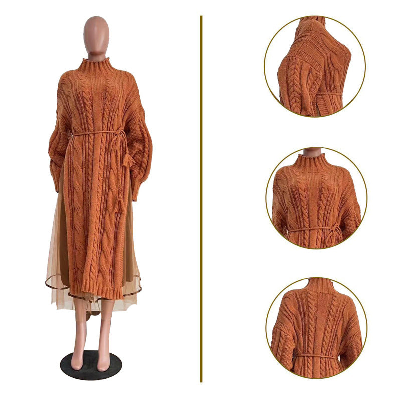 Women Fashion Casual Solid Color Sweater Split Mesh Skirt Two Pieces Set