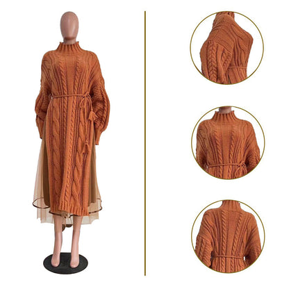 Women Fashion Casual Solid Color Sweater Split Mesh Skirt Two Pieces Set