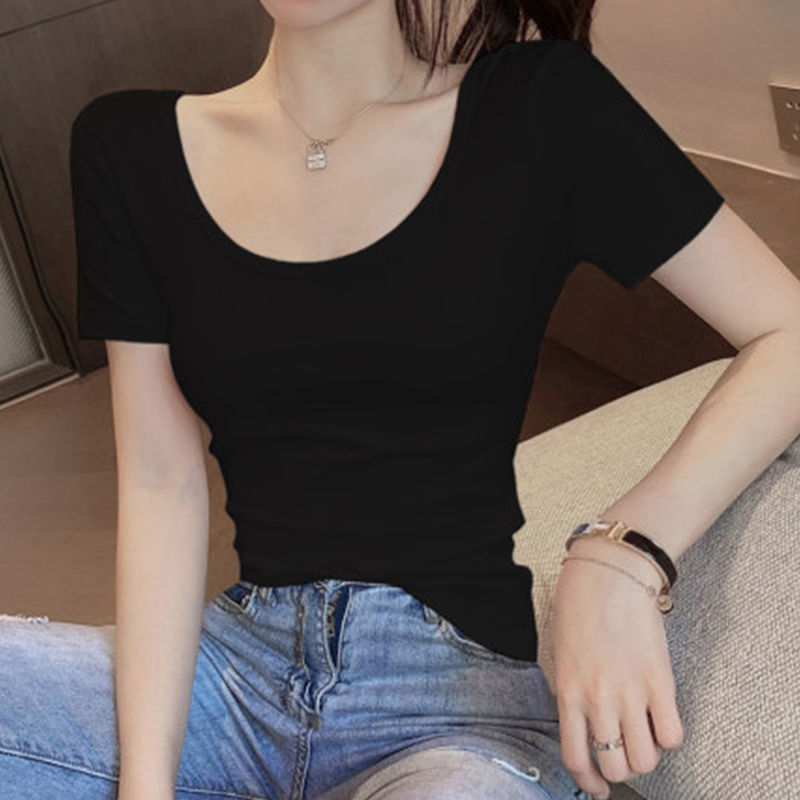 Camiseta informal de manga corta con cuello en U y color liso para mujer