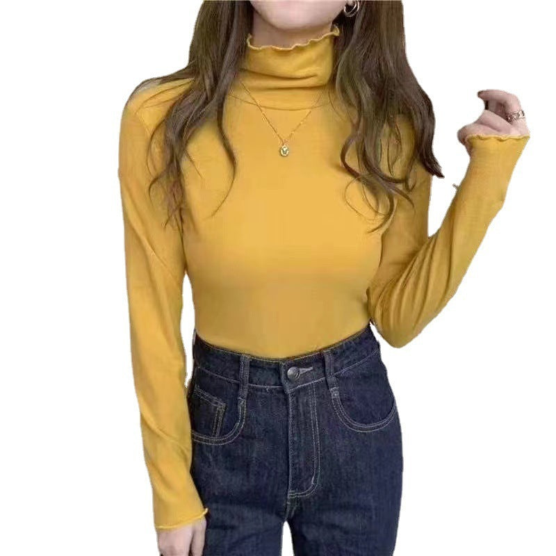 Camiseta básica informal de manga larga con cuello alto para mujer pequeña