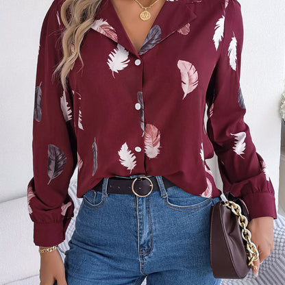 Blusa informal de manga larga con estampado de plumas para mujer