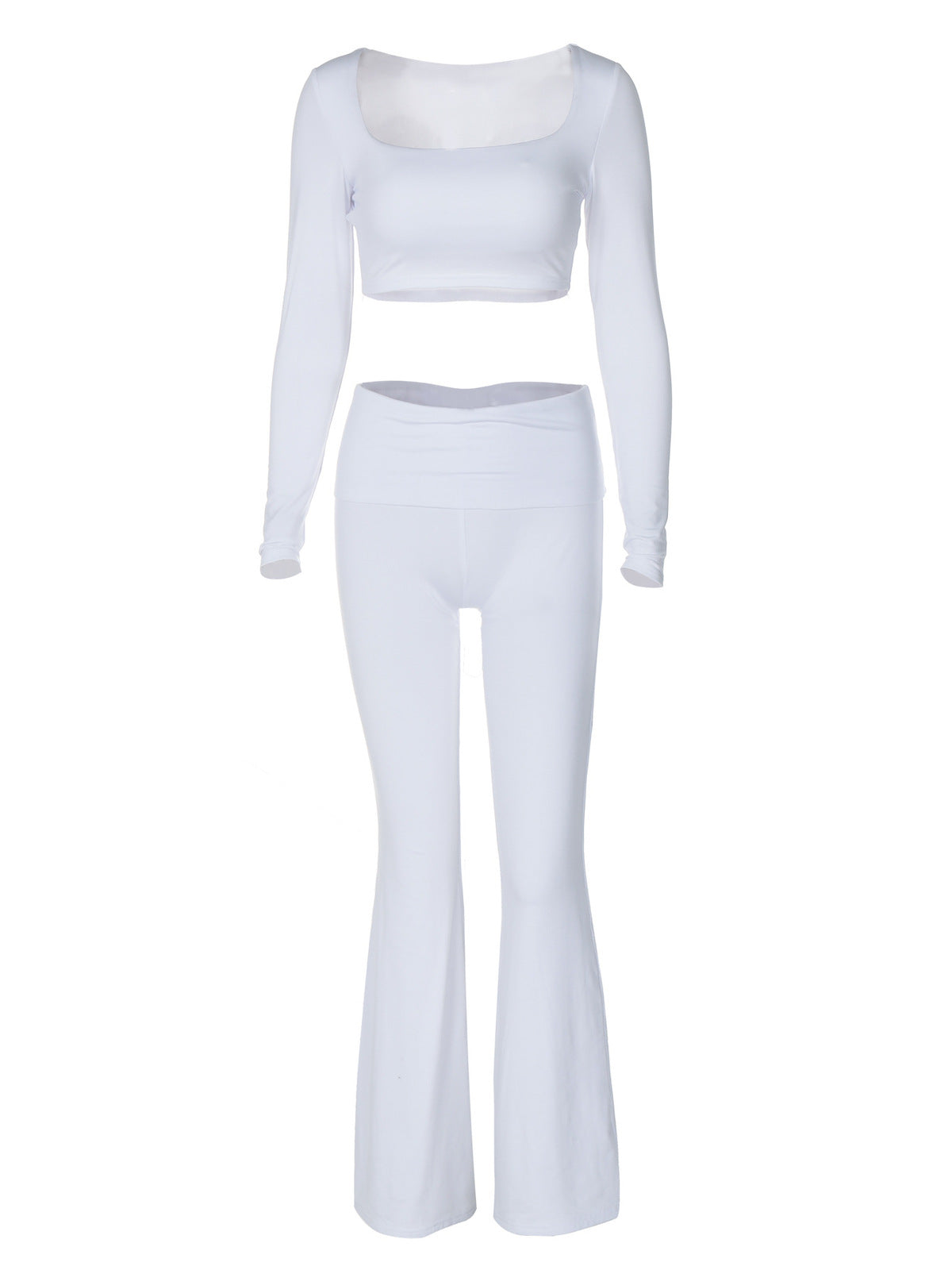 Conjunto de dos piezas de top corto con cuello cuadrado y manga larga de color liso informal para mujer